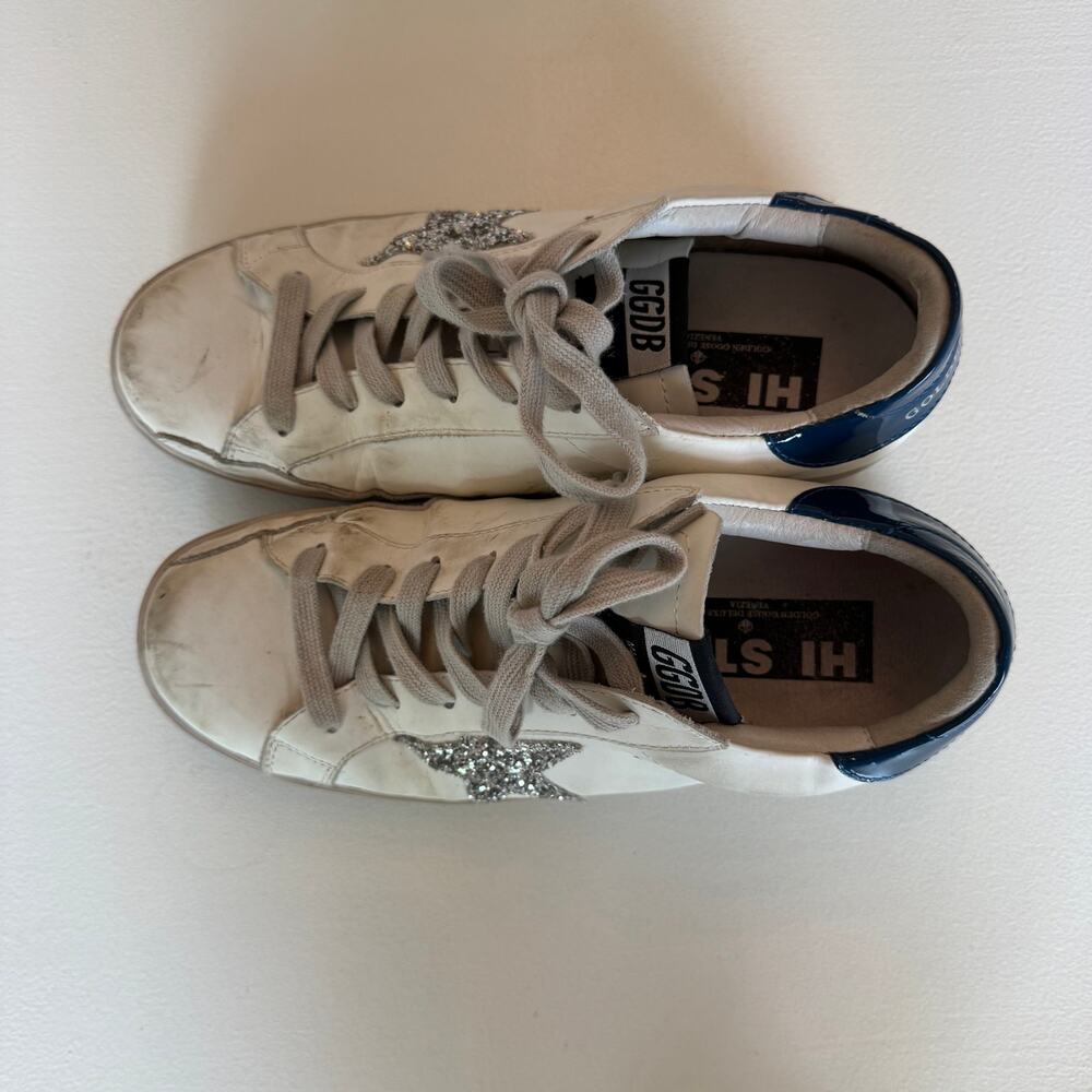 Golden Goose Hi Star Sneakers Womens EU 38 White Leather Glitter Star Blue Heel - Picture 3 of 15